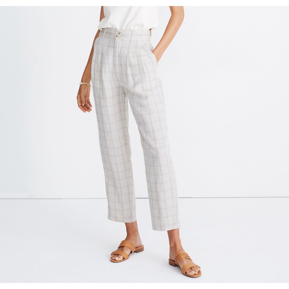 Madewell Pleated Taper Wide-Leg Pants Size‎ 12 Linen Blend Windowpane Trousers